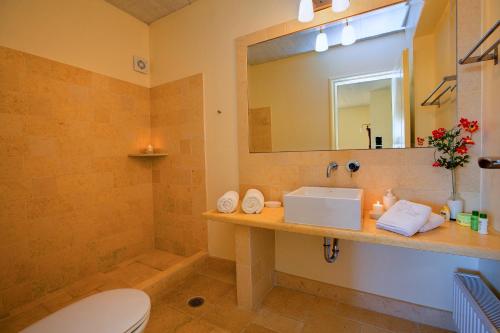 une salle de bain avec un lavabo, des toilettes et un miroir dans l'établissement Villa Kteni Ideales Resort, à Céphalonie