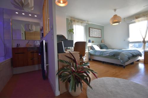 Una sala de estar con un sofá y un dormitorio. en Le Belvédère Parisien, en Aubervilliers