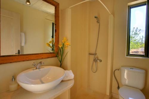 a bathroom with a sink and a toilet and a mirror at Villa Petalida Ideales Resort in Kefallonia
