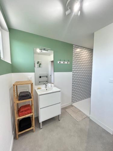 uma casa de banho com um lavatório e um espelho em Les Pipelettes en Baie em Pendé