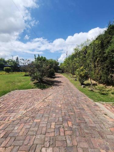 a brick road leading to a field with trees at Spain style country house in Cajica in Cajicá