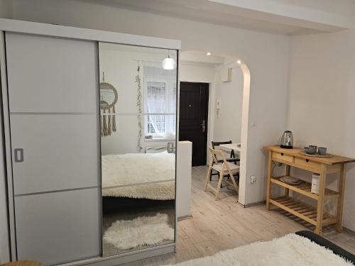 um quarto com uma divisória de vidro com uma cama e uma secretária em Studio apartment Gigi em Zagreb