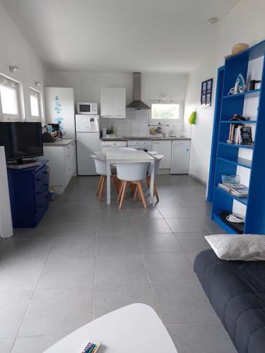 Il comprend une cuisine et un salon avec une table. dans l'établissement F3 Face à Cordouan, à Saint-Palais-sur-Mer