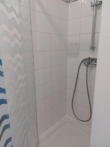 une douche avec une porte vitrée dans une salle de bain dans l'établissement F3 Face à Cordouan, à Saint-Palais-sur-Mer