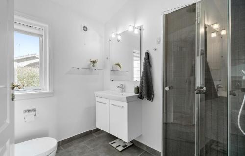 y baño blanco con lavabo y ducha. en Nice Home In Nyborg With Kitchen en Nyborg