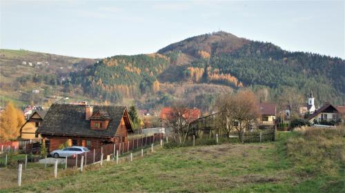 a house on a hill with a mountain in the background at Dom z Widokiem in Piwniczna