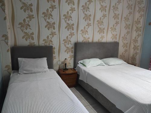 two beds sitting next to each other in a bedroom at STUDIO KIPOS in Iraklitsa