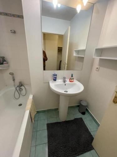 La salle de bains est pourvue d'un lavabo, d'une baignoire et d'un miroir. dans l'établissement Porte de Paris-Stade de France, à Saint-Denis