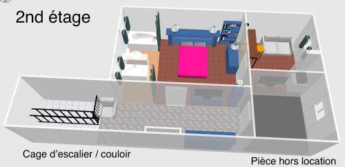 - un plan d'étage d'une maison avec une chambre dans l'établissement Logements Un Coin de Bigorre - T2 de campagne - Canal plus & Netflix - Wifi fibre - Centre village, à Tournay
