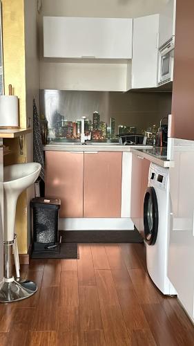 a kitchen with a washing machine in a room at Très beau studio proche de Disneyland et de Paris in Ozoir-la-Ferrière