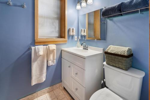 niebieska łazienka z toaletą i umywalką w obiekcie Bluemoon Vacation Rentals - Bluemoon Cottage w mieście Ashland