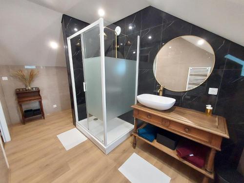 bagno con doccia, lavandino e specchio di Grande suite & salon privé, proche du circuit a Magny-Cours