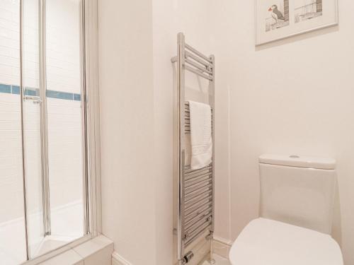 布里德波特的住宿－Backlands Farmhouse，白色的浴室设有卫生间和淋浴。