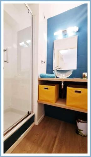 une salle de bain avec un lavabo et une douche dans l'établissement appartement cap d'Agde avec balcon, au Cap d'Agde
