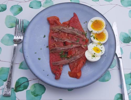 a plate of bacon and eggs on a table at Gites-Terroirs-Occitanie in Felluns