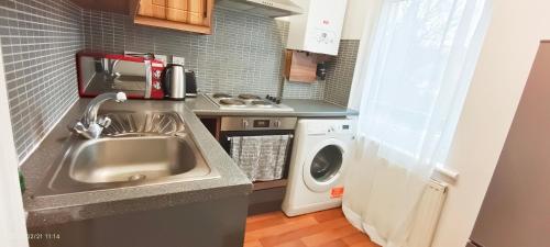 a small kitchen with a sink and a washing machine at Iris Apartment in Wembley in London