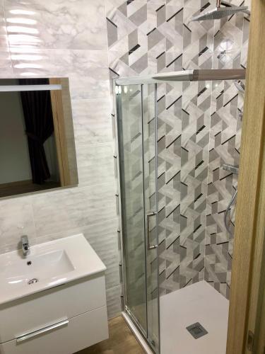 a bathroom with a glass shower and a sink at Pensiunea CUZA in Borşa