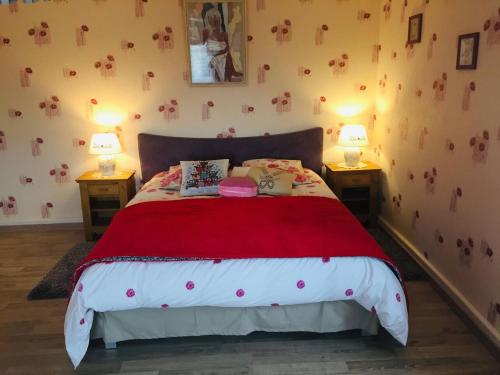 - une chambre avec un lit doté d'un couvre-lit rouge et blanc dans l'établissement Propriete d'une chambre avec wifi a Fraize, à Fraize