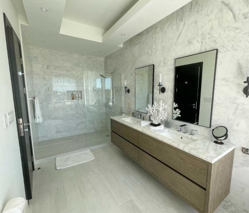 a bathroom with a shower and a sink and a mirror at Palm Cay Marina and Resort in Nassau
