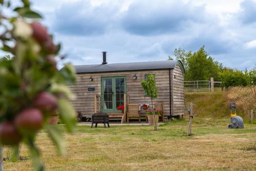 una casita en un campo con un patio en Coldharbour Luxury Shepherds Hut, en Stone