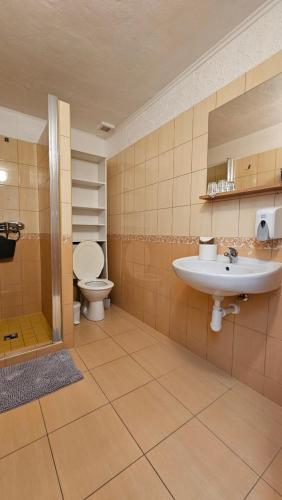 a bathroom with a sink and a toilet at Zámecký penzion Rotunda in Břeclav