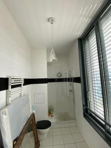 une salle de bain blanche avec douche et toilettes dans l'établissement Penthouse Luxueux avec Terrasse Panoramique, à Boulogne-Billancourt