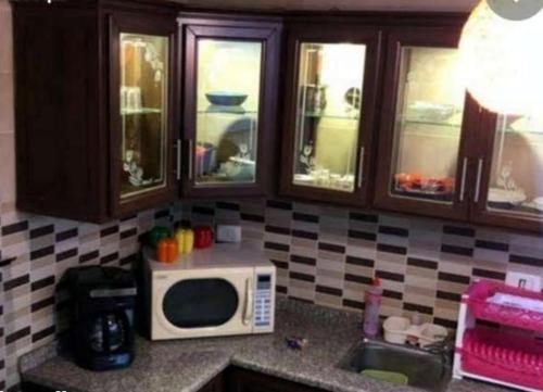 - un comptoir de cuisine avec un four micro-ondes et un évier dans l'établissement شقق فندقيه مفروشه شامل الما الكهرباء, à Irbid
