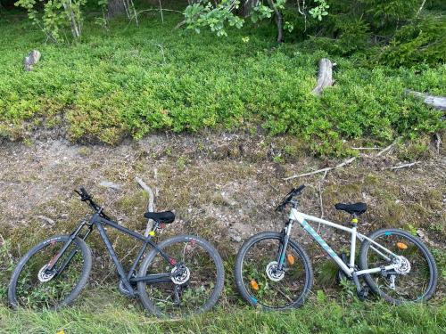 two bikes parked next to each other in the grass at Ett nytt fräsch hus utanför Stockholm nära Arlanda in Rosersberg