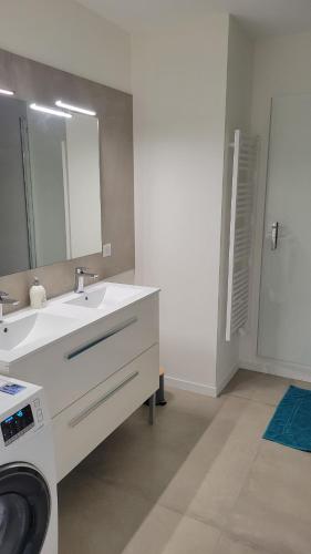a bathroom with a sink and a washing machine at Appartement neuf avec terrasse in Montmerle Sur Saône