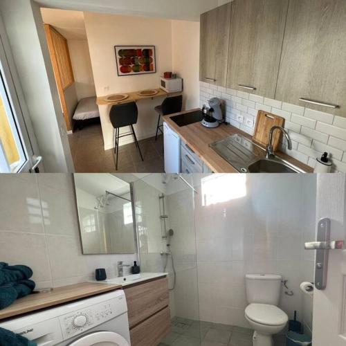two pictures of a kitchen with a sink and a toilet at Le Pluméria - T1 avec un SPA privatif in Saint-Denis