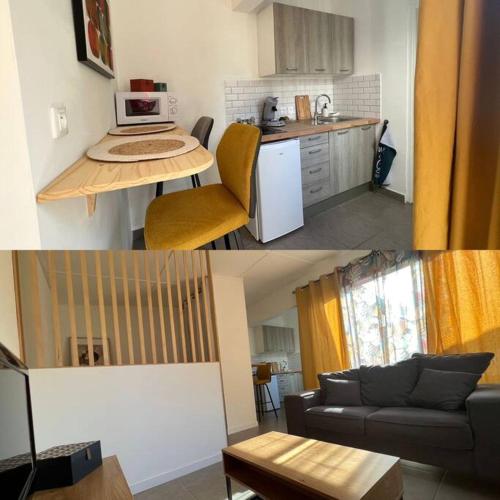 duas fotografias de uma cozinha e uma sala de estar em Le Pluméria - T1 avec un SPA privatif em Saint-Denis