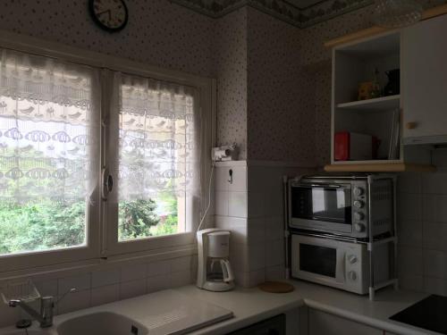 une cuisine avec un four micro-ondes et un évier ainsi qu'une fenêtre dans l'établissement Style Vintage chic à 20 M de la plage, à Saint-Georges-de-Didonne