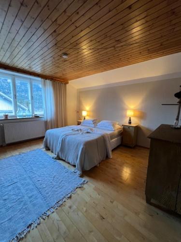 a bedroom with a bed and a wooden ceiling at Charmant vakantiehuis in Unterkolbnitz