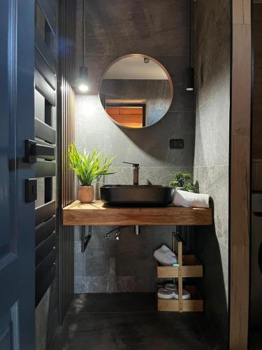 a bathroom with a sink and a mirror at BearHouse Chalet in Poiana Mărului