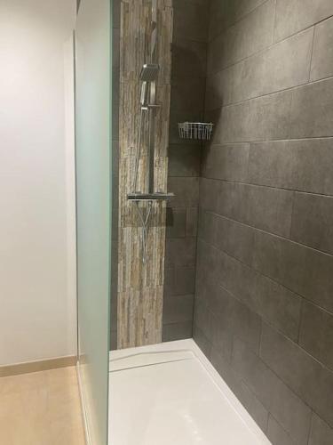 une douche avec une porte vitrée dans une salle de bain dans l'établissement Les clés du Sud, à Bormes-les-Mimosas