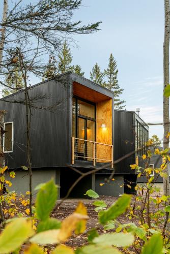 a modern house with a black exterior at Ski Hill Cabins and Saunas in Lutsen