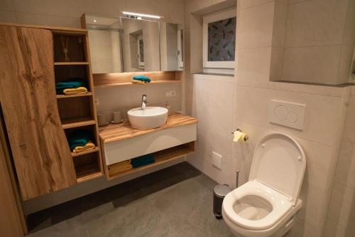a small bathroom with a toilet and a sink at Ferienwohnug Weissl in Matrei am Brenner