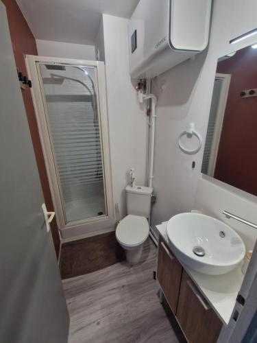 Un baño pequeño con inodoro y lavabo. en Arc en ciel, en Saint-Jean-de-Monts