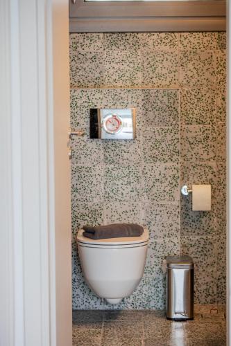 a toilet in a bathroom with floral wallpaper at 4RosesVillas in Litochoro