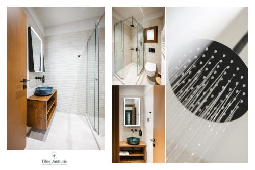 een collage van foto's van een badkamer met een douche bij Blue Jasmine Urban Living in Ioannina
