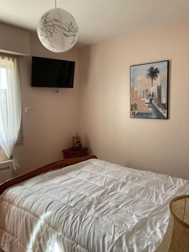 a bedroom with a bed and a flat screen tv at Location maison saisonnière in Pleurtuit