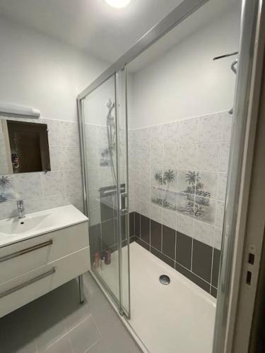 une salle de bain blanche avec une douche et un lavabo dans l'établissement Location maison saisonnière, à Pleurtuit