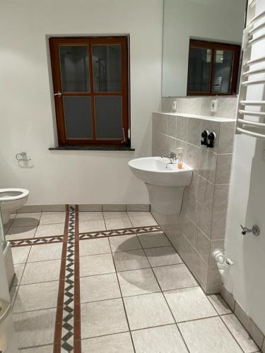 a bathroom with a sink and a toilet at Altstadtappartment Plötze Limburg in Limburg an der Lahn