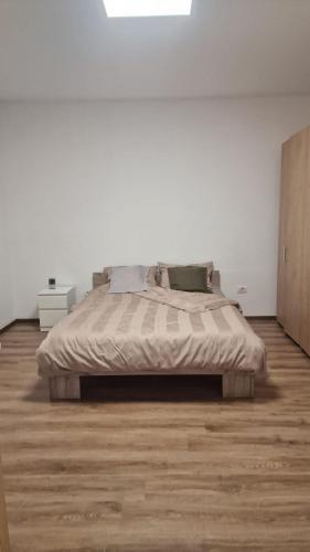 ein großes Bett in einem weißen Zimmer mit Holzboden in der Unterkunft Vladimirescu 21 in Timişoara