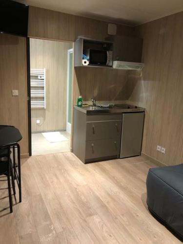 - une cuisine avec évier et four micro-ondes dans l'établissement studio GK15 GREENAPPART+ jardin SQY, Versailles.., à La Verrière