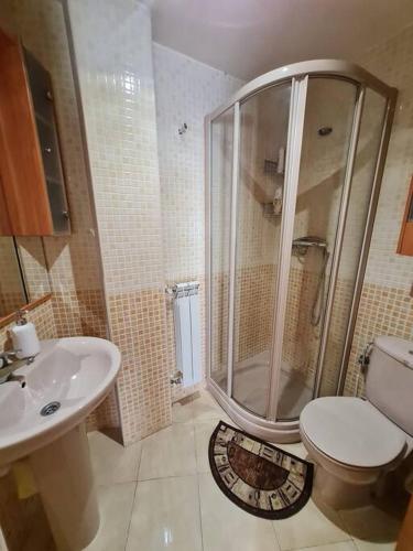 a bathroom with a shower and a toilet and a sink at Estupendo Apartamento en Madrid in Madrid