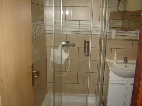 ein Bad mit einer Dusche und einem Waschbecken in der Unterkunft Apartmani Sobe KATICA in Cres