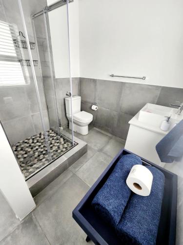 a bathroom with a shower and a toilet and a blue towel at Ocean View Villa - Ground level in West Point