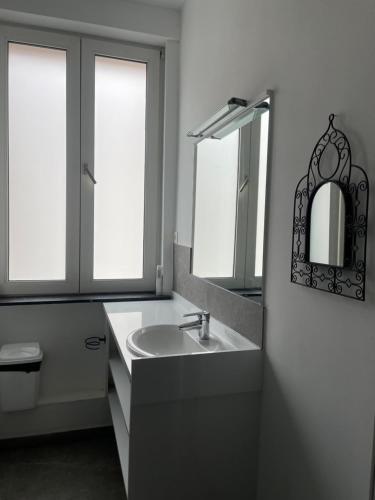 a bathroom with a sink and two windows and a mirror at Etterbeek Youth Hostel in Brussels