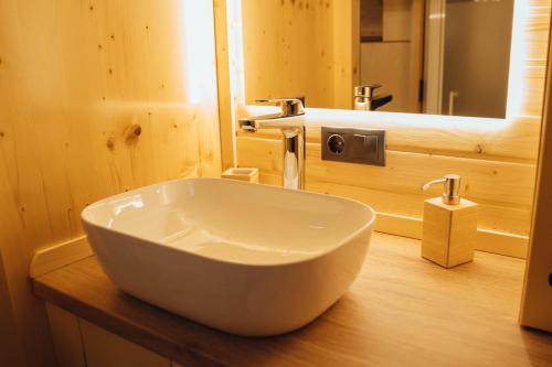 a white bowl sink in a bathroom with a mirror at Unwind Cabin Heisterberg in Driedorf
